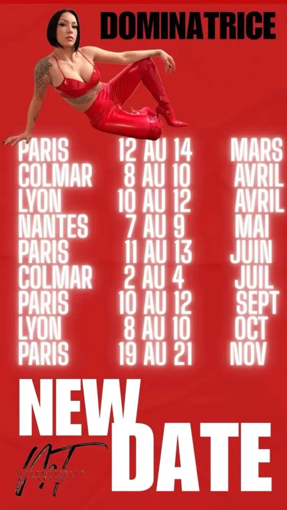 Agenda des événements 'Dominatrice' de MAdemoiselle Trésors avec dates et lieux : Paris, Colmar, Lyon, Nantes pour mars à novembre.