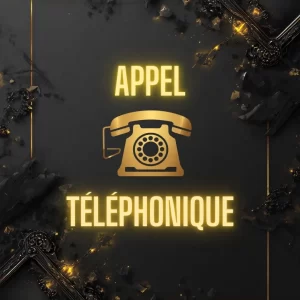 Icône dorée d'un téléphone rétro sur fond noir avec le texte "Appel Téléphonique" en lettres stylisées.