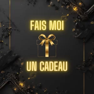 Cadeau stylisé en or sur fond noir, avec l'inscription lumineuse 'Fais-moi un cadeau'.