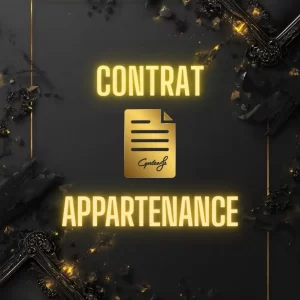 Image avec le texte 'CONTRAT APPARTENANCE' en lettres dorées lumineuses sur fond noir, avec une icône de document centré.