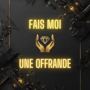 Mains dorées offrant un diamant sur fond sombre avec l'inscription "Fais moi une offrande".