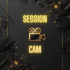 Texte 'SESSION CAM' sur fond noir avec une icône de caméra vintage dorée et des ornements décoratifs sombres.